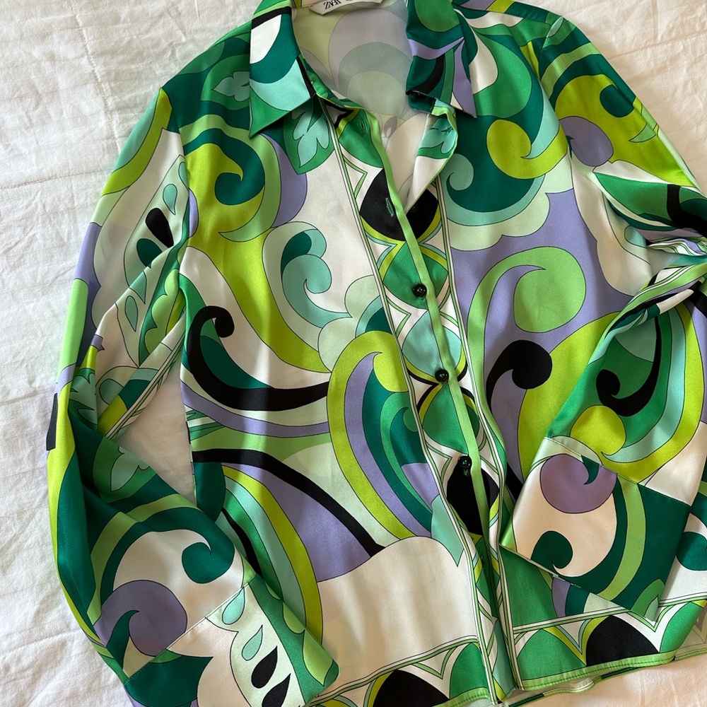 Vibrant Green and Purple Patterned Shirt